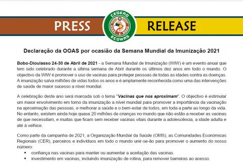 Declaração da OOAS por ocasião da Semana Mundial da Imunização 2021